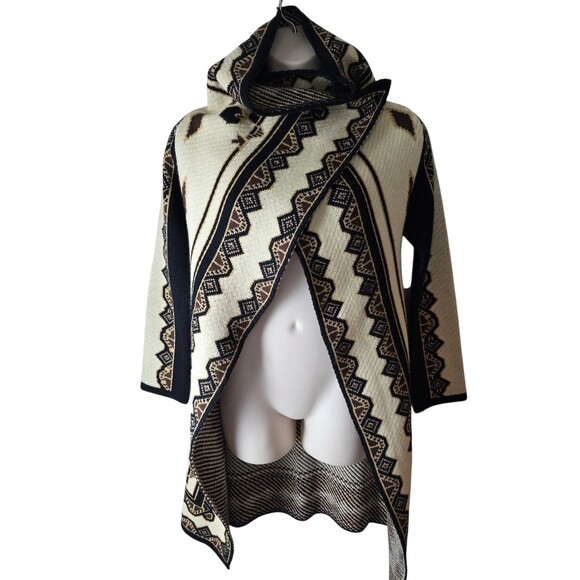 NWT II Sisters black cream gold yellow wrap front long cardigan sweater size S/M - Picture 1 of 16
